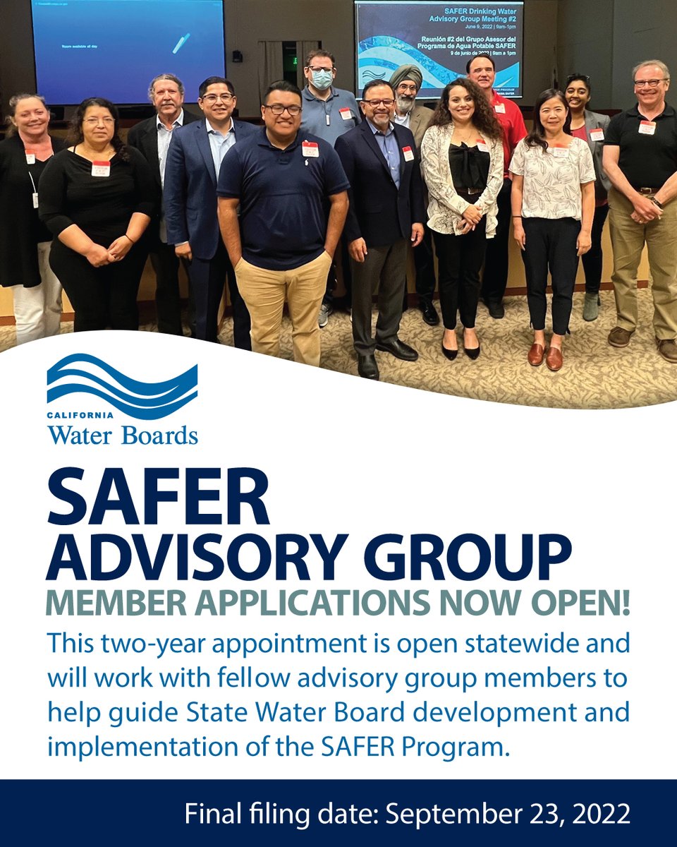 CaWaterBoards's tweet photo. Be part of the solution in getting safe and affordable drinking water for your community. Apply to be an Advisory Group Member for the Safer and Affordable Funding for Equity and Resilience (SAFER) advisory group! Applications open. Deadline: 9.23. 
Apply: https://t.co/x1HdjyyDBJ https://t.co/ZgFLroCRkF