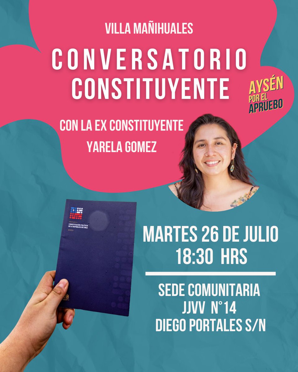 😊 Mañana se realizarán dos Conversatorios Constituyentes. Uno en Villa Mañihuales y otro en Villa Amengual. Ambos contarán con la presencia de la ex constituyente <a href="/YarelaAysen/">Yarela Gómez Sánchez</a> quien responderá todas las dudas que puedan tener sobre la Propuesta Constitucional.
#regiondeaysén