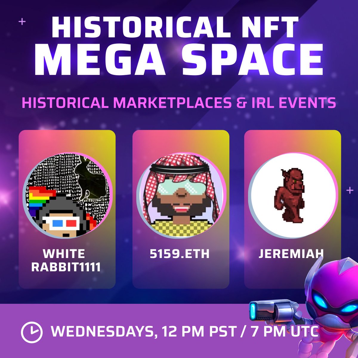 cryptobots_game's tweet photo. 🎙️ Join the Historical NFT Space this Wednesday! 

We promise a fun talk on the marketplaces, IRL events, and all things historical NFTs with @WRabbit1111, @Kevforking, @_jdl, and other guests joining!

🔔 Set up a reminder
https://t.co/id2ZCrOt8K

#HistoricalWednesday https://t.co/JaQjFcwtDP
