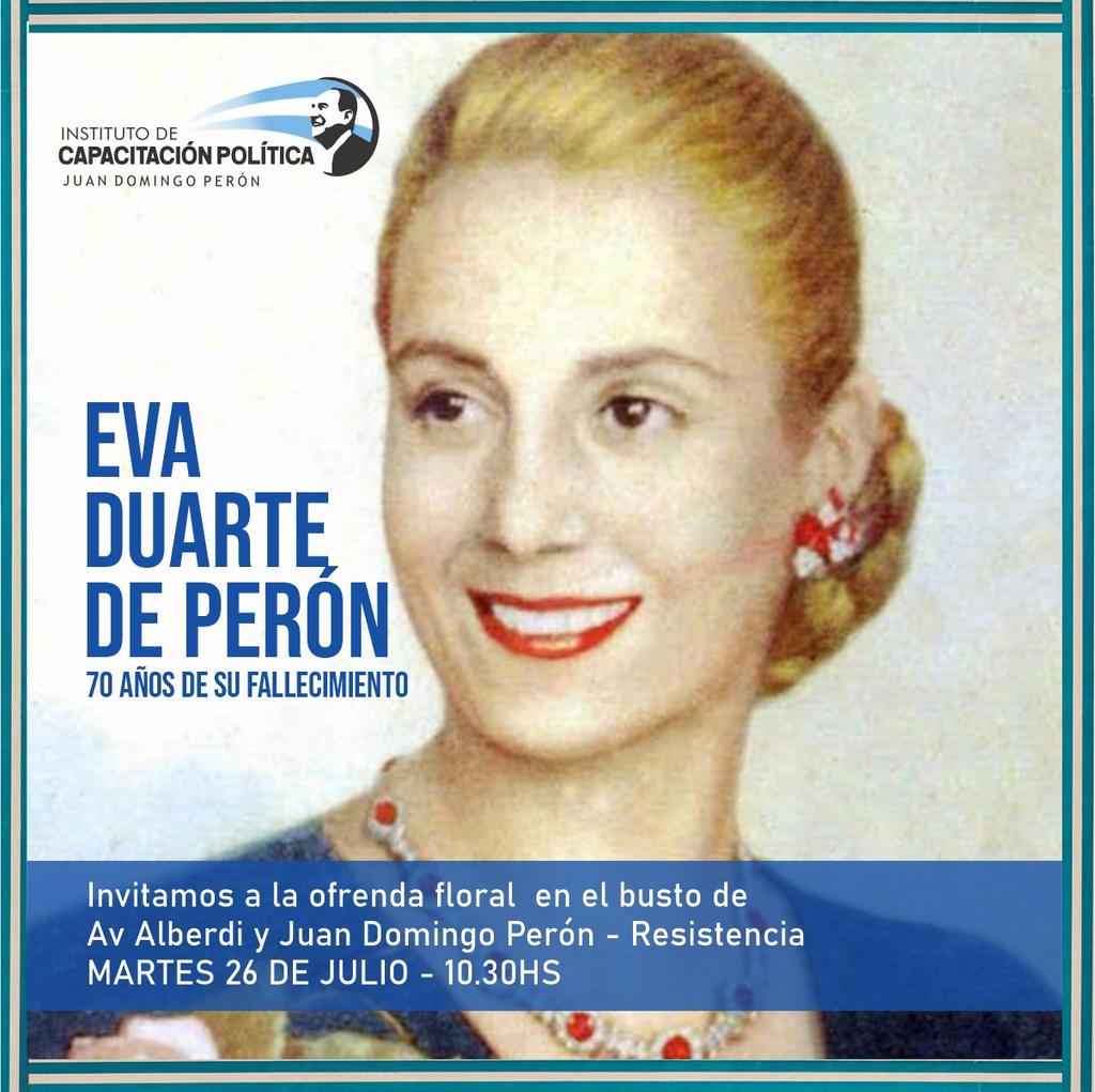 instituto_peron's tweet photo. Invitamos a la comunidad a participar este martes a partir de las 10:3p de las ofrendas florales en Av. Alberdi y Peatonal Perón (Resistencia), en conmemoración del 70° aniversario del fallecimiento de la abanderada de los humildes #EvaPeron 💙

¡Los y las esperamos!✌🏻 https://t.co/qYQuoxyof9