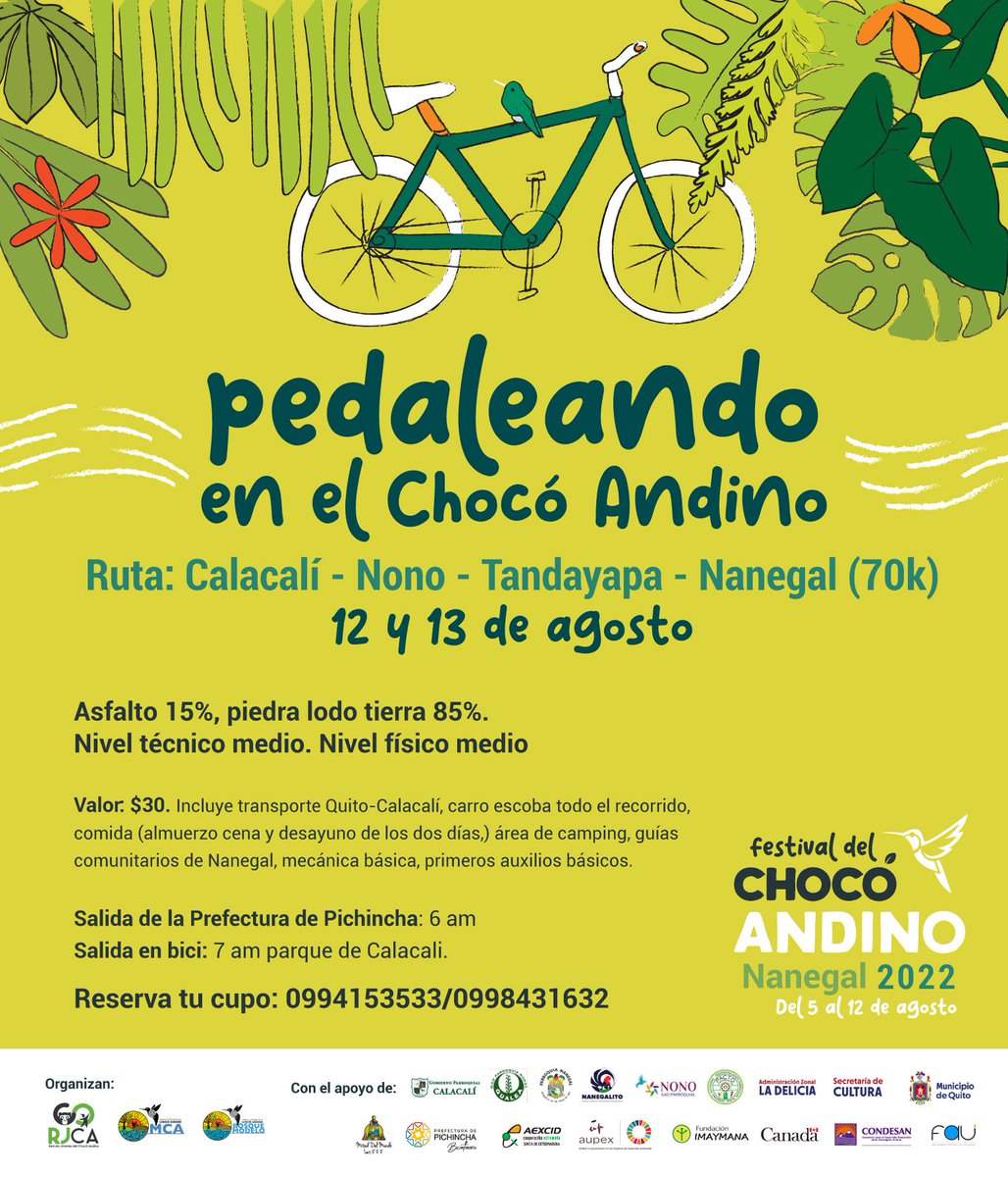 Vamos juntos  en 🚲 a conocer el Chocó Andino !! Pasaremos por mágicos lugares🌳🌻!! Visitaremos bellos paisajes.🏞️. aún hay cupos.  Inscripciones 

docs.google.com/forms/d/e/1FAI…