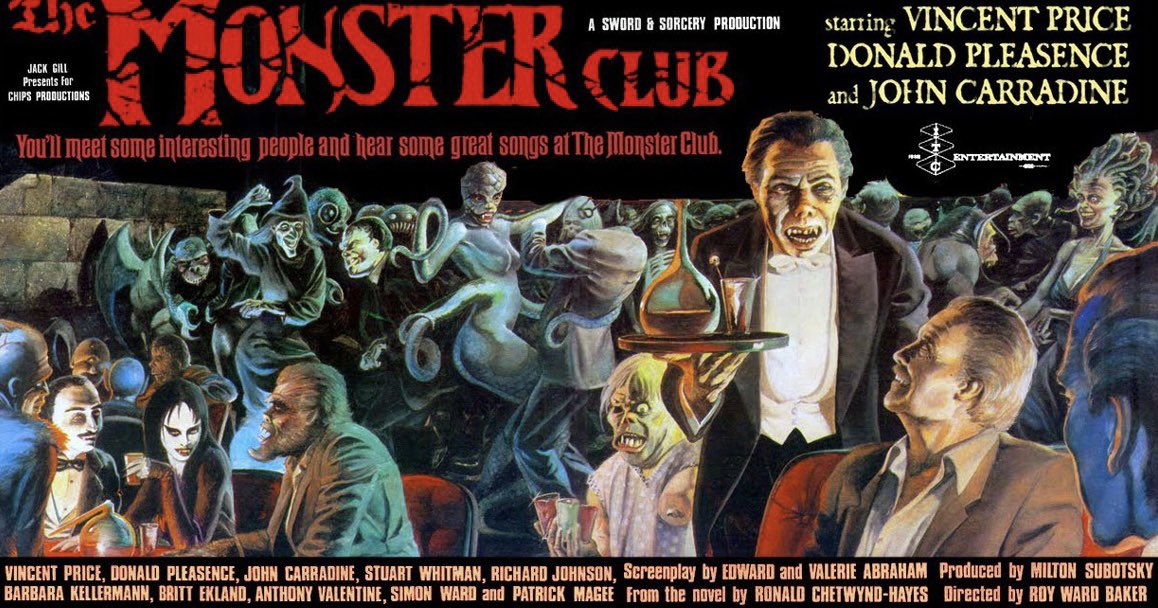 This evening’s viewing: #themonsterclub 

Wonderfully self aware comedic anthology. Vincent Price is glorious, clear inspiration for Robbie Williams’ Rock DJ video, and an on-the-nose ‘humans are the real monsters’ message!

#HorrorMovies #NowWatching #HorrorCommunity #HorrorFam 