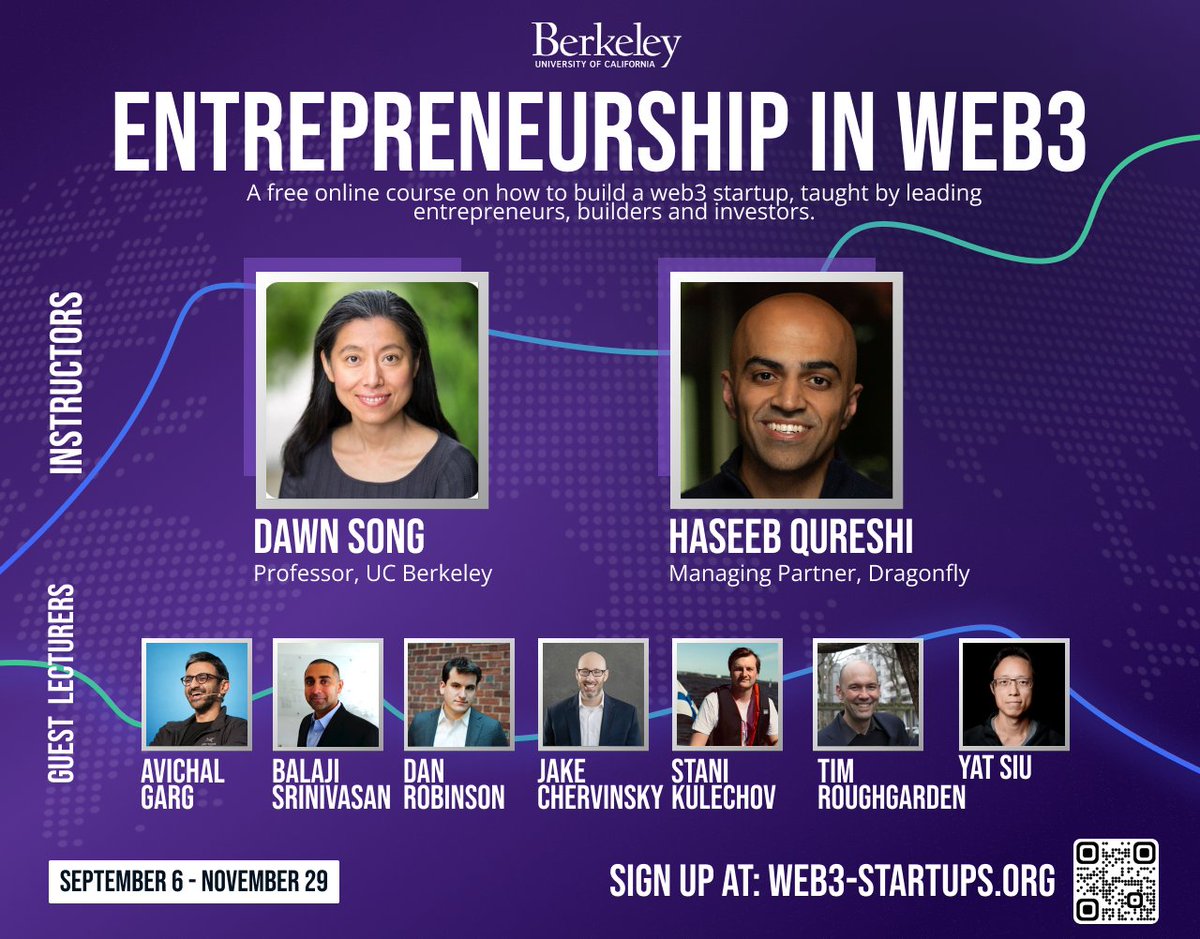 Dream of starting a web3 startup? ✨

This Fall, <a href="/dawnsongtweets/">Dawn Song</a> and I will be co-teaching a MOOC on Web3 Entrepreneurship!

Guest lecturers: <a href="/avichal/">Avichal - Electric ϟ Capital</a>, <a href="/balajis/">Balaji</a>, <a href="/danrobinson/">Dan Robinson</a>, <a href="/jchervinsky/">Jake Chervinsky</a>, <a href="/StaniKulechov/">Stani.eth</a>, <a href="/Tim_Roughgarden/">Tim Roughgarden</a>, and <a href="/ysiu/">Yat Siu</a>.

Sign up: web3-startups.org