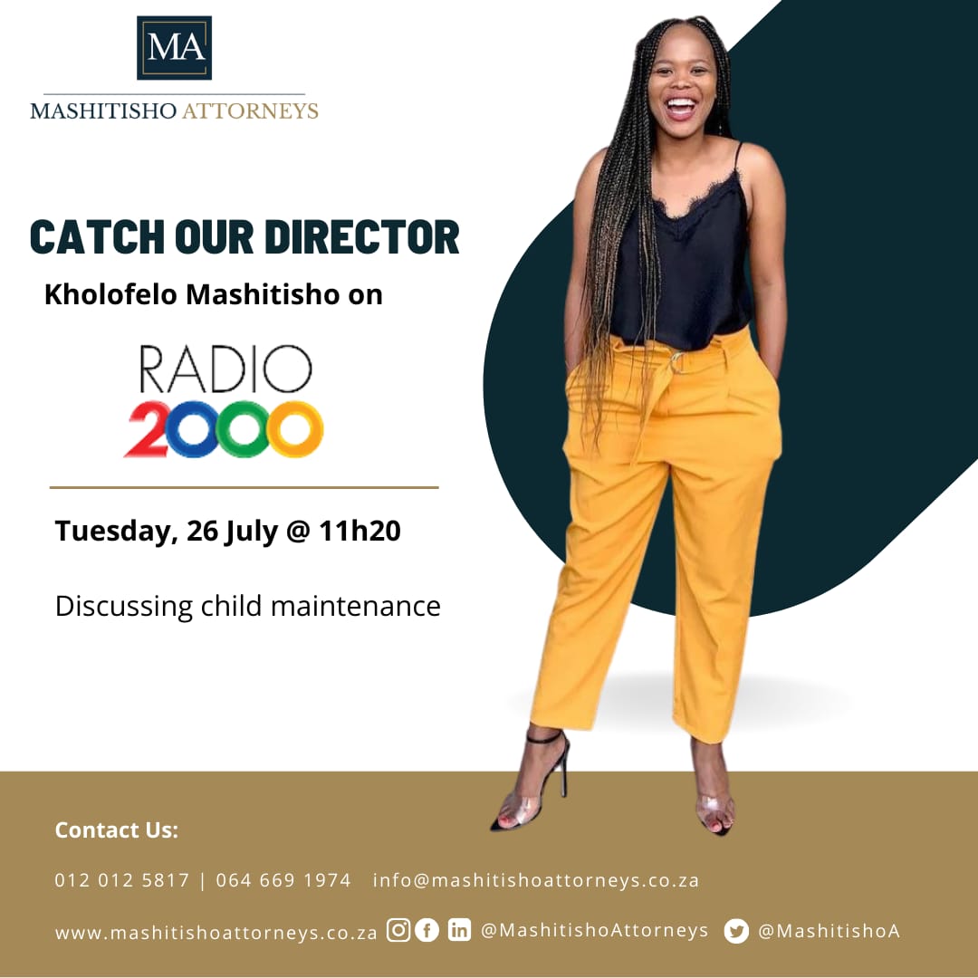 #Catch our director @TheNewKholo on @Radio2000 at 11h20 as she discusses #childmaintenance. 

If you need assistance with a #familylaw matter, contact us on 012 012 5817 - 064 669 1974 - info@mashitishoattorneys.co.za 

#Legal #Attorneys #Law