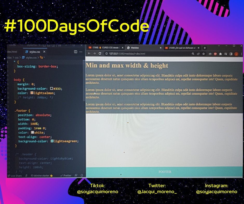 Jacqui_Moreno_'s tweet image. Hola mundo👋! 30 Día✨ #100DaysOdCode #100daysofcodechallenge
Teoría/práctica de #CSS realizado hoy ✅:
📍 Unidades de viewport.
📍MIN / MAX Wirth y Height.
#yoaprendocondorian
#Frontend #webdevelopment #DEVCommunity #WomenWhoCode #programacion #java #wordpress #web #BuenLunes
