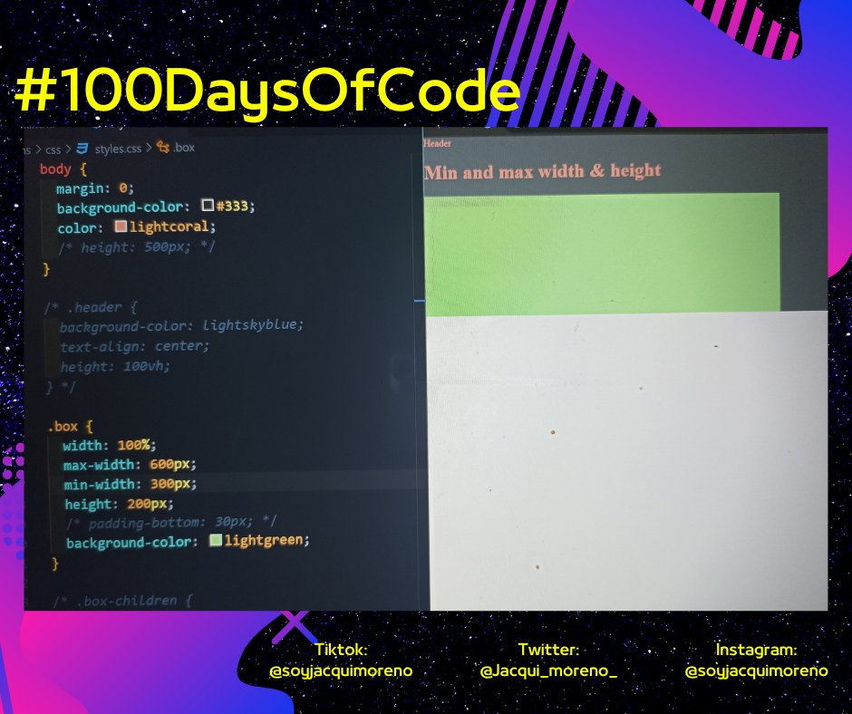 Jacqui_Moreno_'s tweet image. Hola mundo👋! 30 Día✨ #100DaysOdCode #100daysofcodechallenge
Teoría/práctica de #CSS realizado hoy ✅:
📍 Unidades de viewport.
📍MIN / MAX Wirth y Height.
#yoaprendocondorian
#Frontend #webdevelopment #DEVCommunity #WomenWhoCode #programacion #java #wordpress #web #BuenLunes
