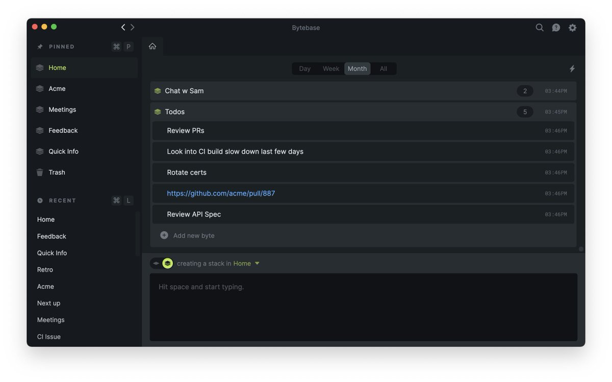 Bytebaseapp's tweet photo. Release 0.0.37:
To quickly jot down two or three lines of notes, don't waste time navigating. Use the new Expand stack feature to get your thoughts down and then keep moving forward! 

Also new: right-click context menu. No-formatting copy out. And more! 

https://t.co/4HNwuZkGxn https://t.co/oZKeddu4jd