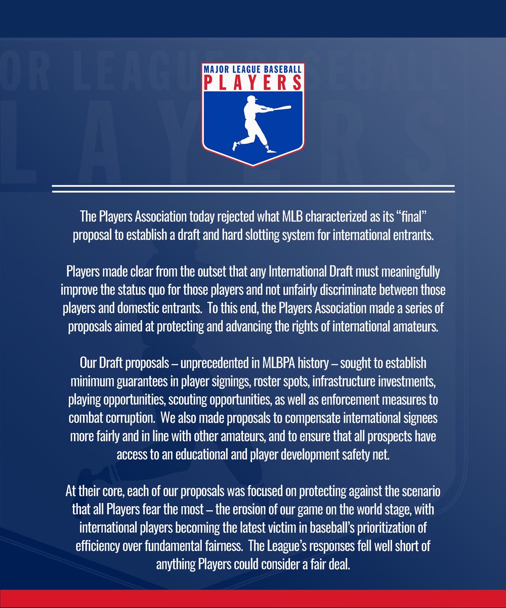 Statement on Players’ rejection of MLB’s international draft proposal