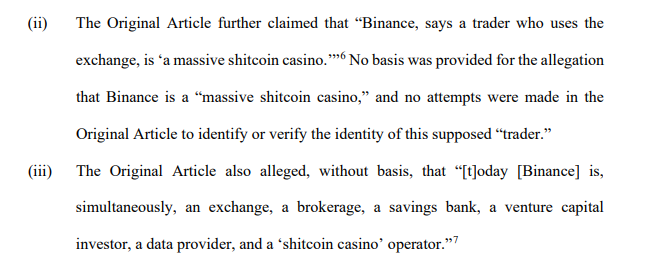 Another day, another crypto court filing

No basis was provided for the allegation that Binance is a “massive shitcoin casino,”