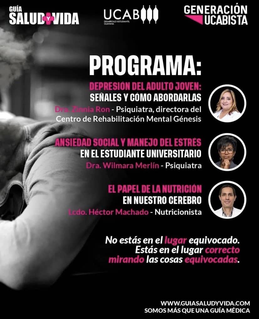 UcabGuayana's tweet photo. 📢 #Hoy | Hablemos de #SaludMental con especialistas en la materia, apoyados por Guía Salud y Vida.

 Actividad promovida por @Cde_ucabg y @GenUcab. ¡Te esperamos! Entrada libre. https://t.co/8Xp7PfTwjN