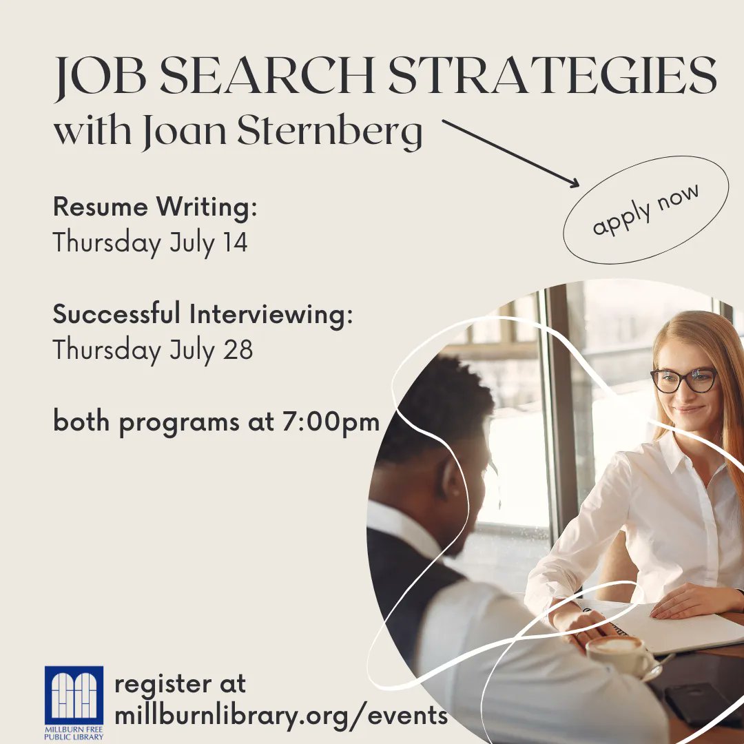 MillburnLibrary's tweet photo. Interviewing for a new position? Sign up for our program on Successful Interviewing on Thursday July 28 at 7:00pm. This program is on zoom, so make sure to register here: https://t.co/HKVhrkxPdc https://t.co/zNfWbTUaEV
