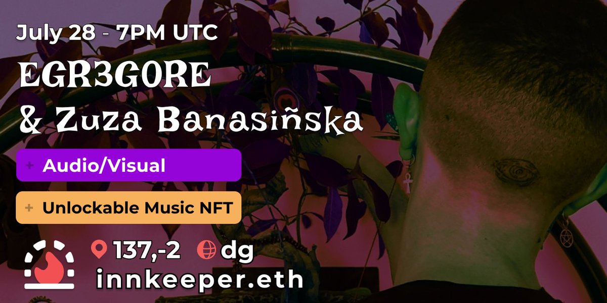 innkeeperdoteth's tweet photo. NEW EVENT! July 28 7PM UTC in #Decentraland

Special AUDIO/VISUAL session tonight with OG Egregore &amp; Zuza Banasińska!

🤳 tag @EgoreEgr @innkeeperdoteth with selfie and addy during event for airdrop

https://t.co/53DfpsIas3 https://t.co/Hm769pOzOv