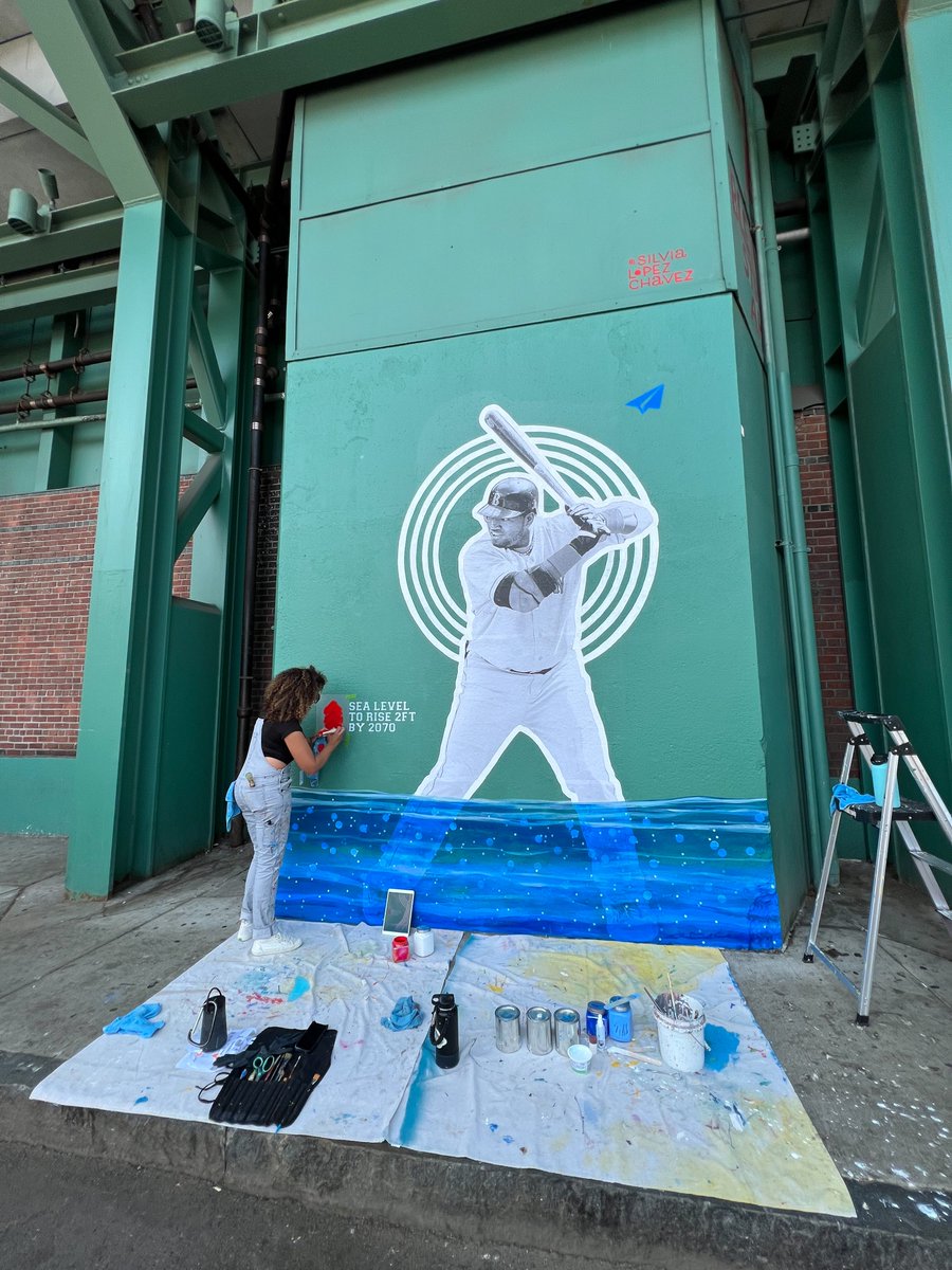 Pop-Up Public Art🚨: <a href="/Art_Design_Love/">Silvia Lopez Chavez</a>'s piece for Action Pact Visioning the Future is up at <a href="/fenwaypark/">Fenway Park</a> on Lansdowne Street! Stop by to see where Boston harbor sea levels could rise on hall-of-famer <a href="/davidortiz/">David Ortiz</a> by 2070 due to #ClimateChange. Learn more: actionpact.boston/art