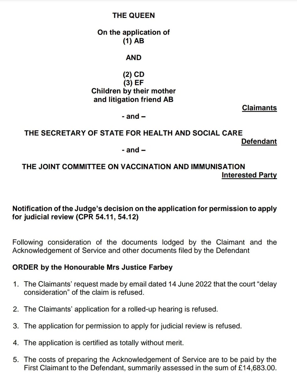 The court case trying to block 5-11 year olds from getting vaccinated against covid, launched by Bev Turner and the HART front group "Children's Covid Vaccine Advisory Council", has been thrown out and judged as "totally without merit". And they owe DHSC £14,683 in defence costs.