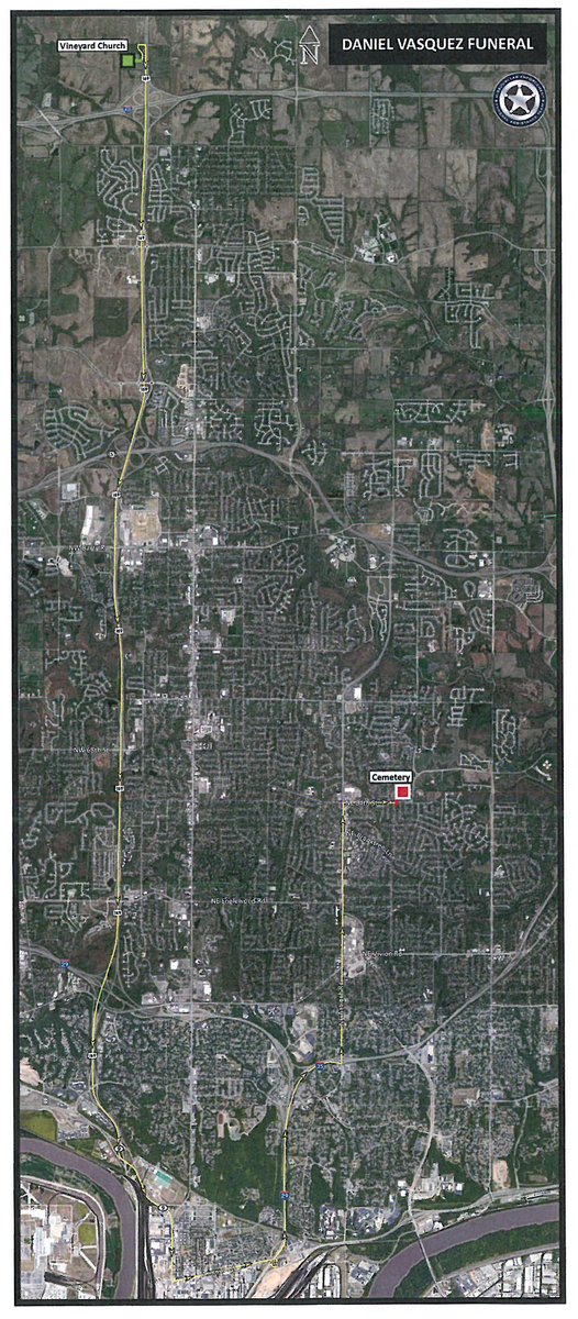 cityofnkc's tweet photo. The procession will leave from Vineyard Church, 12300 NW Arrowhead Trafficway, Kansas City, MO, and proceed down US-169 S to MO-9 S to Armour Road to I29/35 North to Antioch North to 64th St. East to White Chapel Memorial Gardens. 2/4 #nkcpolice https://t.co/MFJKQ3Z9HV