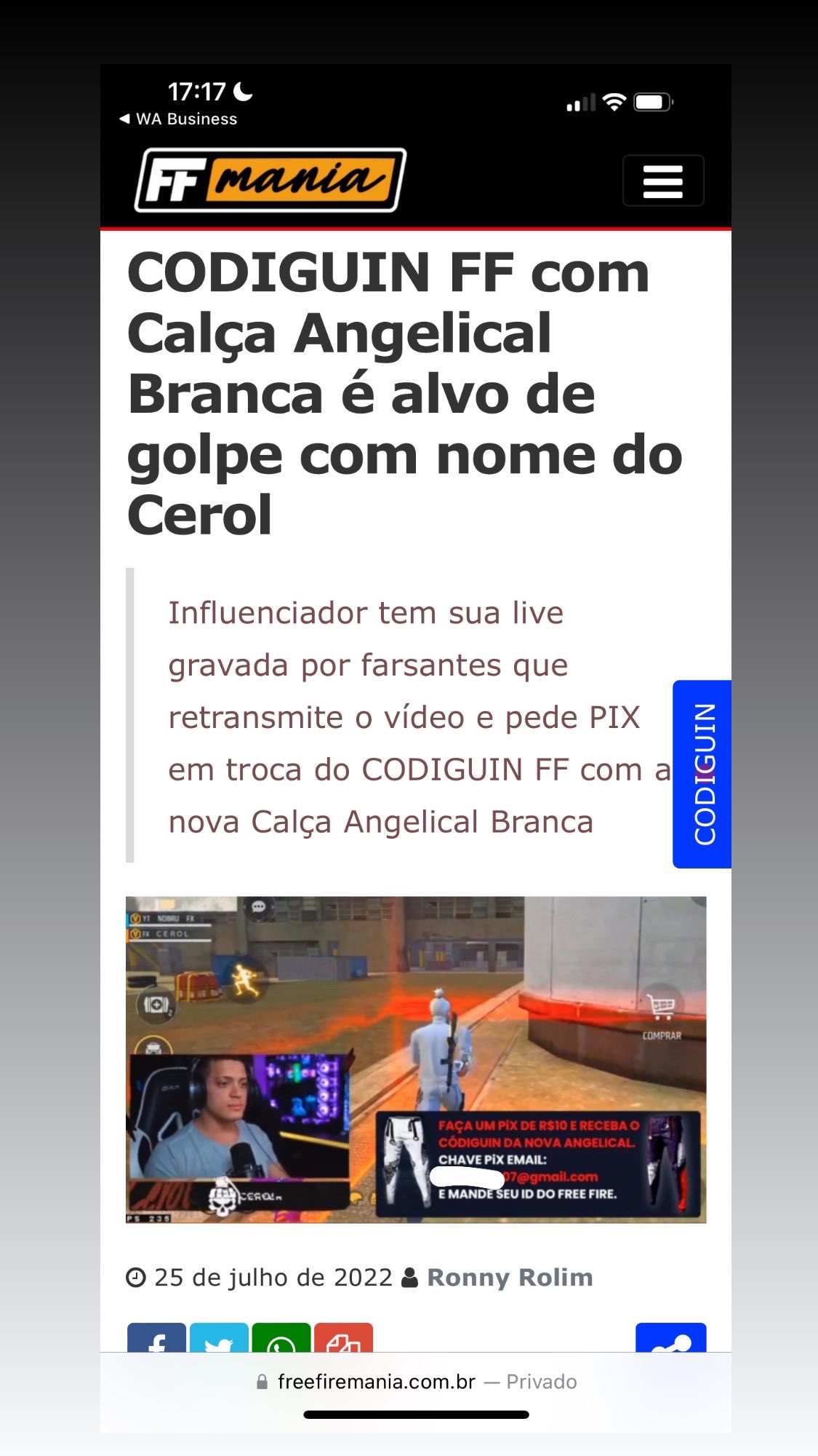 CODIGUIN FF com Calça Angelical Branca é alvo de golpe com nome do Cerol