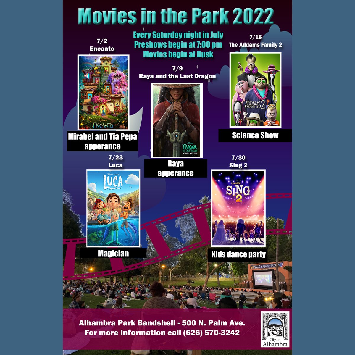This is the last week to check out our Concerts and Movies in the Park series at Alhambra Park. This Friday, the Chico Band takes the stage performing Latin music. On Saturday, enjoy a kids dance party for the pre-show, followed by the screening of "Sing 2".