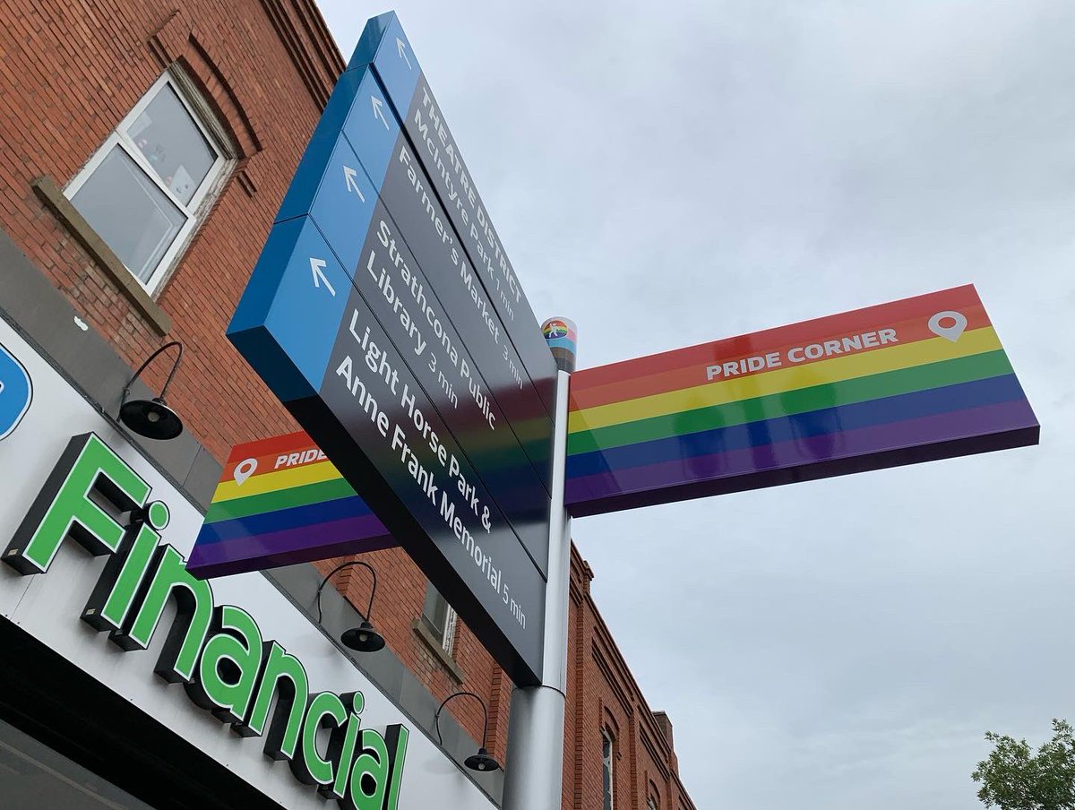 apaulagetics's tweet photo. Yes! Pride Corner has an official - and inclusive - sign blade. #yeg #whyteave #whyteavenue #oldstrathcona #lgbtq2s #pridecorner https://t.co/nBXkxQelaj