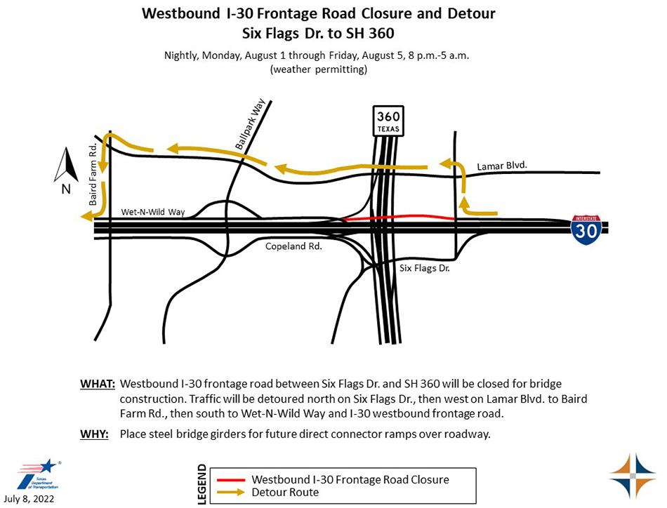 Aug. 1-5, 8 PM - 5 AM: I-30 westbound frontage road between Six Flags Dr/SH 360 will be closed for construction. Traffic will be detoured north on Six Flags, then west on Lamar Blvd, and south on Baird Farm Rd returning to I-30 westbound frontage road. ➡️ arlingtontx.gov/news/my_arling…