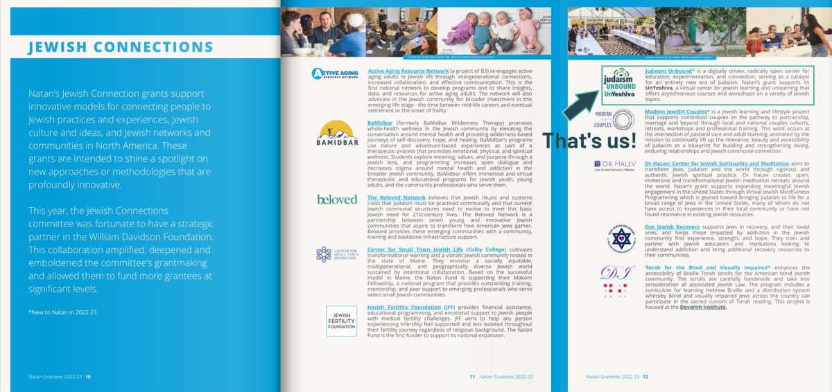 Judaism Unbound (@judaismunbound) on Twitter photo We are so honored to be one of the 2022-23 recipients of a Jewish Connections grant from <a href="/natanfund/">Natan Fund</a>!
Mazal Tov to all of the other grantees, and thank you to the Natan Fund for supporting the work of Judaism Unbound and the UnYeshiva! We are so honored to be one of the 2022-23 recipients of a Jewish Connections grant from <a href="/natanfund/">Natan Fund</a>!
Mazal Tov to all of the other grantees, and thank you to the Natan Fund for supporting the work of Judaism Unbound and the UnYeshiva!
