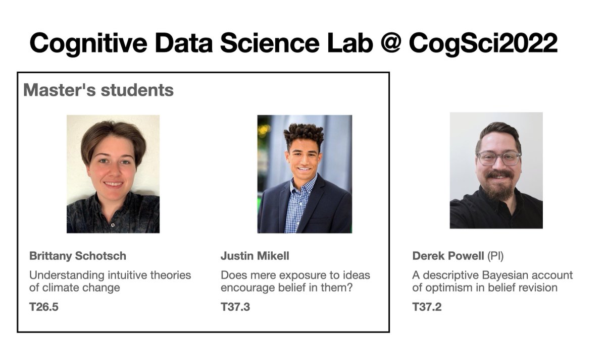 Derek Powell (@derekpowll) on Twitter photo The Cognitive Data Science Lab at @asu is excited for #CogSci2022!
Here's what we'll be up to, especially want to encourage everyone to check out talks by <a href="/B_Schotsch/">Brittany Schotsch</a> and Justin Mikell! The Cognitive Data Science Lab at @asu is excited for #CogSci2022!
Here's what we'll be up to, especially want to encourage everyone to check out talks by <a href="/B_Schotsch/">Brittany Schotsch</a> and Justin Mikell!