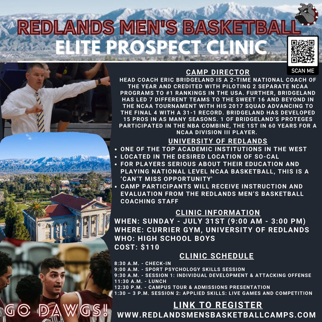 Redlands Basketball Elite Prospect Clinic this Sunday July 31st! -Mental Skills -Scoring/Skill Development -Live Games -Campus Tour / Admissions Presentation Register here: redlandsmensbasketballcamps.com