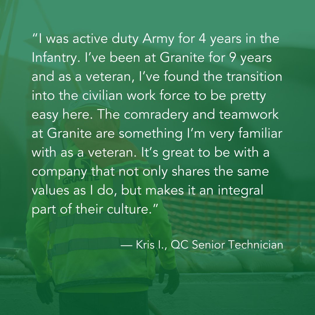 Granite's tweet photo. It's #HireAVeteranDay and we're sharing our commitment to providing career opportunities and support to the veteran community 🇺🇸

Learn more about life at Granite and how you can become part of our team: https://t.co/FOcRdqMVUO

#TeamGranite #SRVC #BuildingBetterTogether https://t.co/VZCcJtyMiw