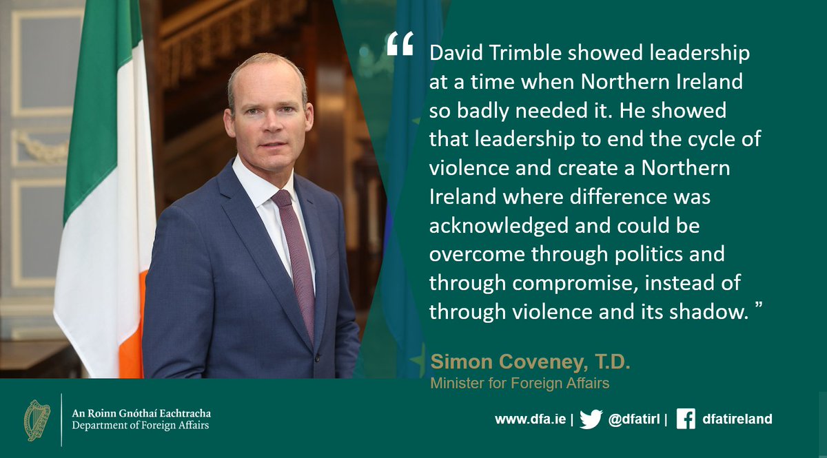 Minister <a href="/simoncoveney/">Simon Coveney</a> has issued a statement on the death of David Trimble.

Read the full statement here: bit.ly/3BbkKy6