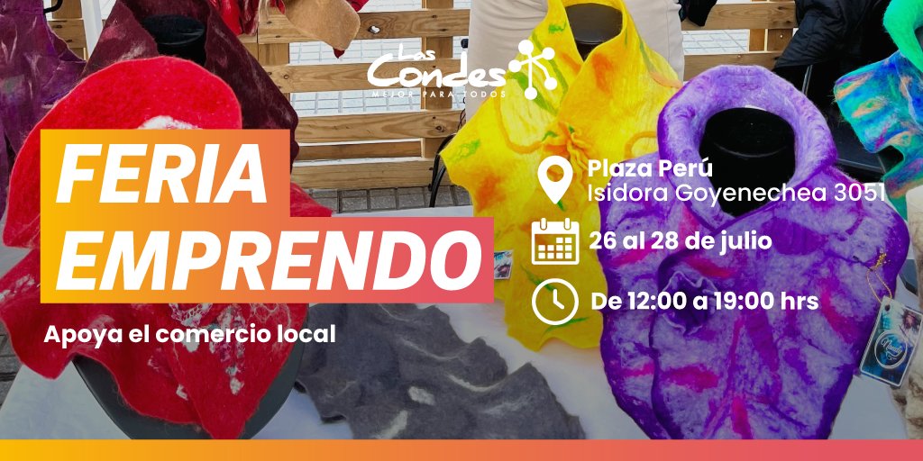 Esta semana, una nueva #FeriaEmprendo de Invierno en Plaza Perú 🤩 con nuestros #emprendedores 

📅 26 al 28 de julio
⏰ 12 a 19 horas

¡Te esperamos! 

<a href="/LC_Decom/">Desarrollo Comunitario</a>