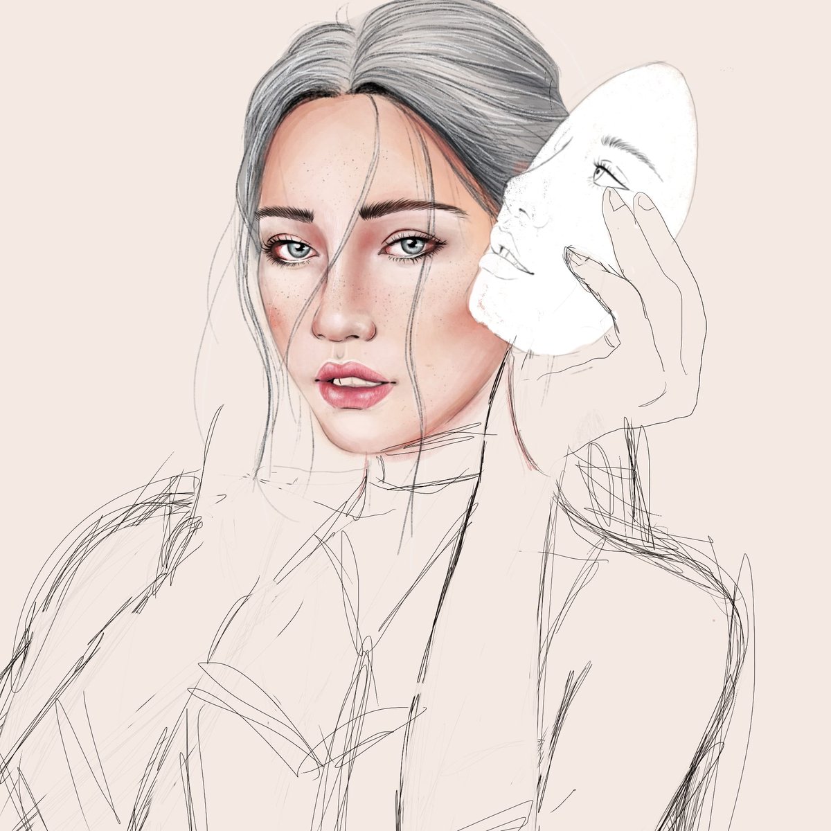 AnaNFT_'s tweet image. GN fam! First stage of "Behind my mask" piece ♥️