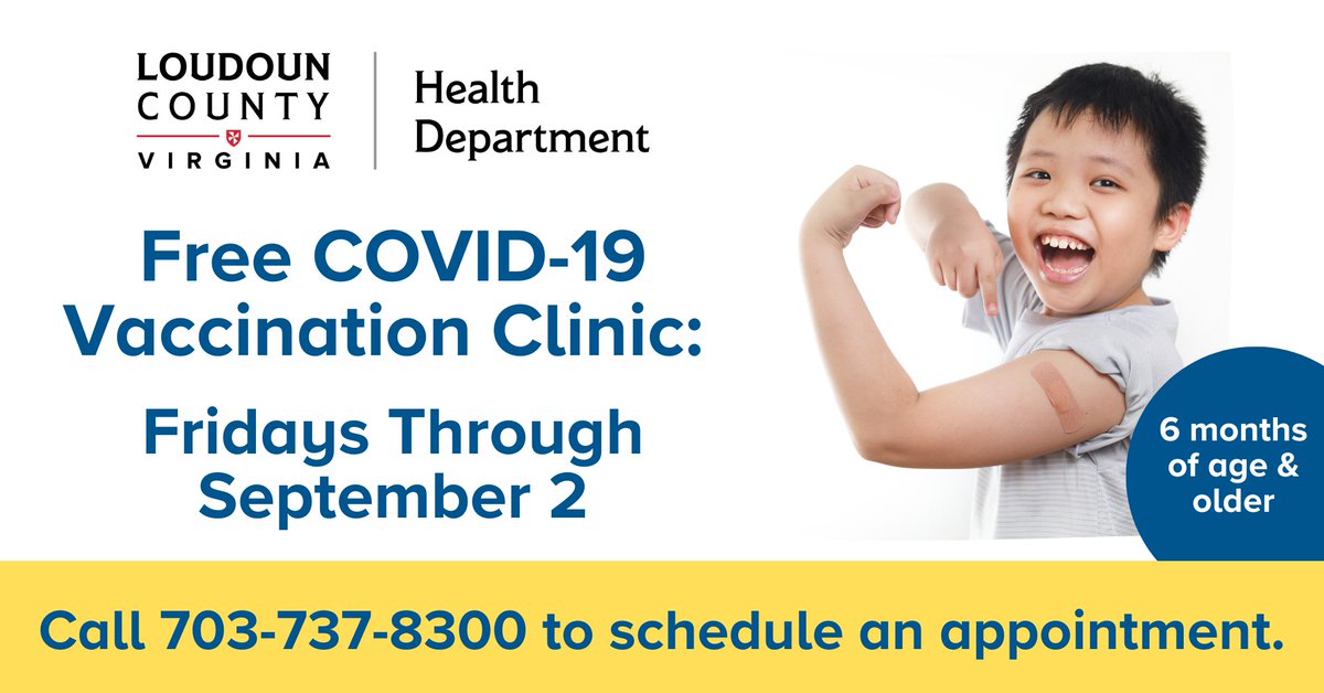 LoudounCoHealth's tweet image. Reminder: we have a free COVID-19 vaccination clinic for children on Fridays throughout the summer. Call the COVID-19 Hotline at 703-737-8300 for more information or to schedule an appointment for children 6 months and older.