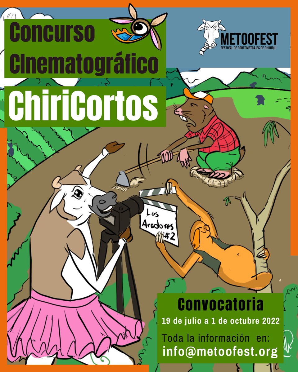 Ya puedes inscribir tu cortometraje en la categoría ChiriCortos del Concurso de Cortometrajes Claketa 2022🤩🐄 Esta categoría es exclusiva para realizadores chiricanos que estén estrenando su primera obra audiovisual 🎬🎞️ Más información en info@metoofest.org