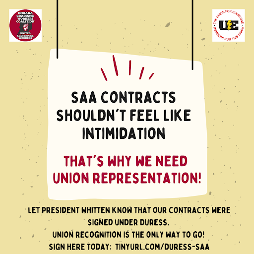 SAA contracts shouldn’t feel like intimidation. That’s why we need union representation!

Let Presiden Whitten know that our contracts were signed under duress.
Union recognition is the only way to go!
Sign here today: tinyurl.com/duress-saa
