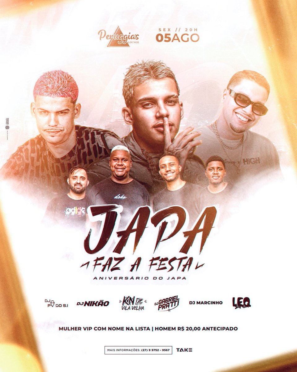 SEXTA-FEIRA dia 5 de Agosto  vamos parar tudo com mais um grande evento, “JAPA FAZ AFESTA“,na casa de show PERUGGIAS Na glória !!! COMEMORANDO MEU ANIVERSÁRIO!! Quem COMANDA A FESTA SÃO OS brabos do Espírito Santo, conto com todos vocês. 🇯🇵. Deixe seu Rt ❤️✅