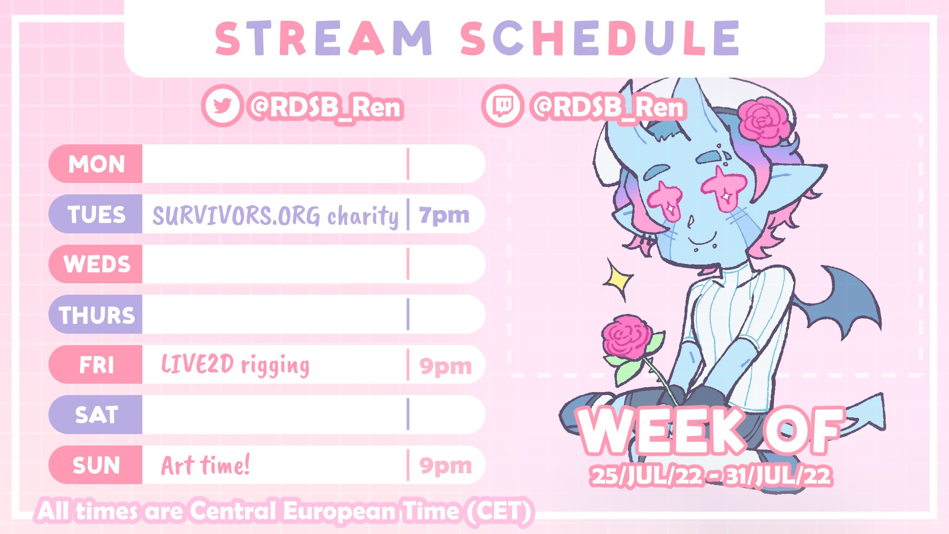 ✧RDSB REN✧ | Vtuber 😈😇 on Twitter: "This week's schedule! Be sure to pop in my charity stream on Tuesday! It's my first time so I'm nervous and 💖 There