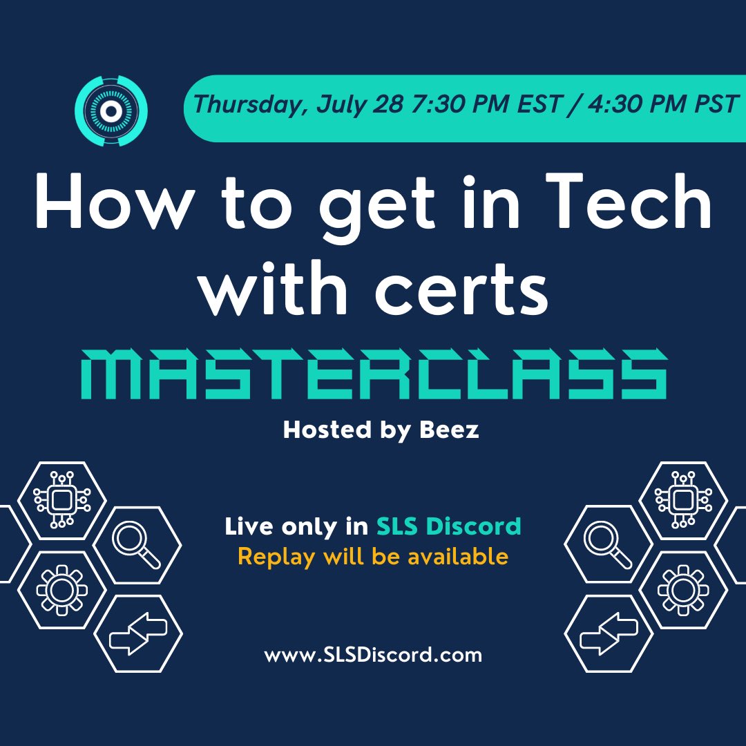If you are interested in learning about how you can get into the Tech industry with certs make sure you join SLS and come out to our Tech Masterclass this week hosted by <a href="/BeezSLS/">Symoné Beez</a> 

Join the best career server today👉🏽SLSDiscord.com