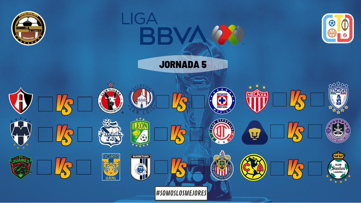 DinamicxSLM's tweet photo. Amigos, ya está aquí la Jornada 5 de la #LigaMX. ⚽️

Les dejo lo plantilla, no olviden ingresar sus pronósticos a la app de @QuinielaMaster 

¡Mucho éxito! 😎🙌🏼
#QuinielaTwitter #SomosLosMejores

#QTLu https://t.co/QnIotMm09v