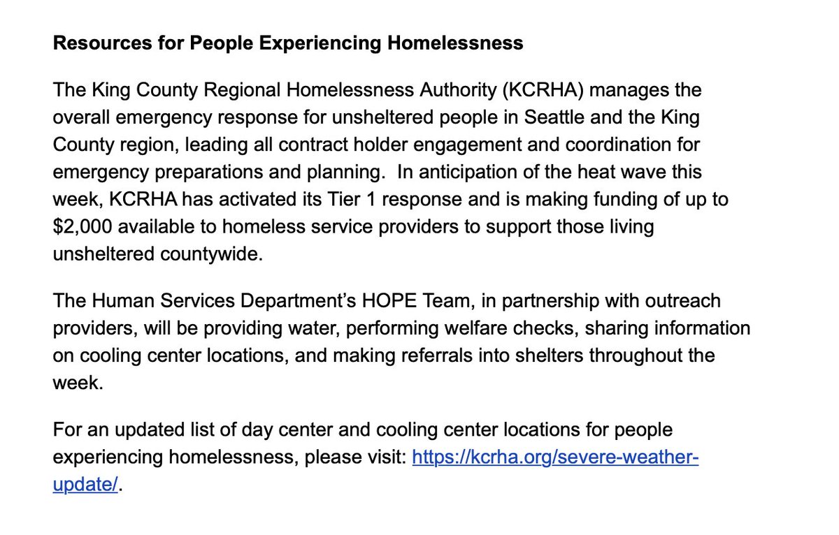 BREAKING: <a href="/OEMSeattle/">Seattle OEM</a> just announced cooling centers that will be open starting TOMORROW, 7/26 from 2 p.m. - 8 p.m. @KC_RHA will be helping to support unhoused folks, and <a href="/SeattleHSD/">Seattle Human Services</a> will be handing out water, doing welfare checks.
Posting the cooling center info here first.