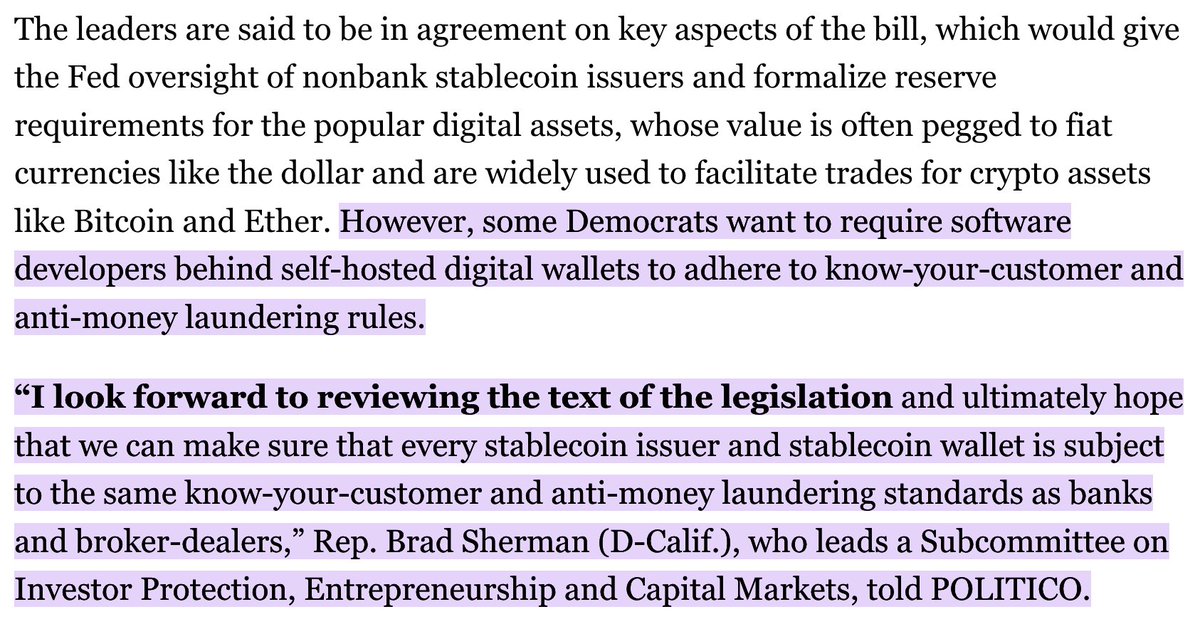 mud2monarch's tweet image. Reported sticking point in stablecoin bill is self-custody standards. Politico:

&quot;However, some Democrats want to require software developers behind self-hosted digital wallets to adhere to know-your-customer and anti-money laundering rules.&quot;