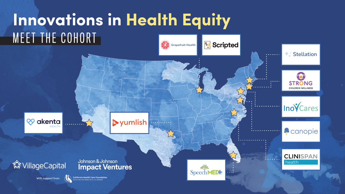 villagecapital's tweet photo. We’re happy to announce that #Akenta, #Canopie, @CliniSpanHealth, #GrapefruitHealth, @inovfithealth, @ScriptHealth, @SpeechMED, #StellationCare, @strongchildwell, and @yumlish_ were selected to join Innovations in #HealthEquity!💉🔬
Learn more here: https://t.co/bNYkMB9YY8 https://t.co/uBUZ4tQEWD