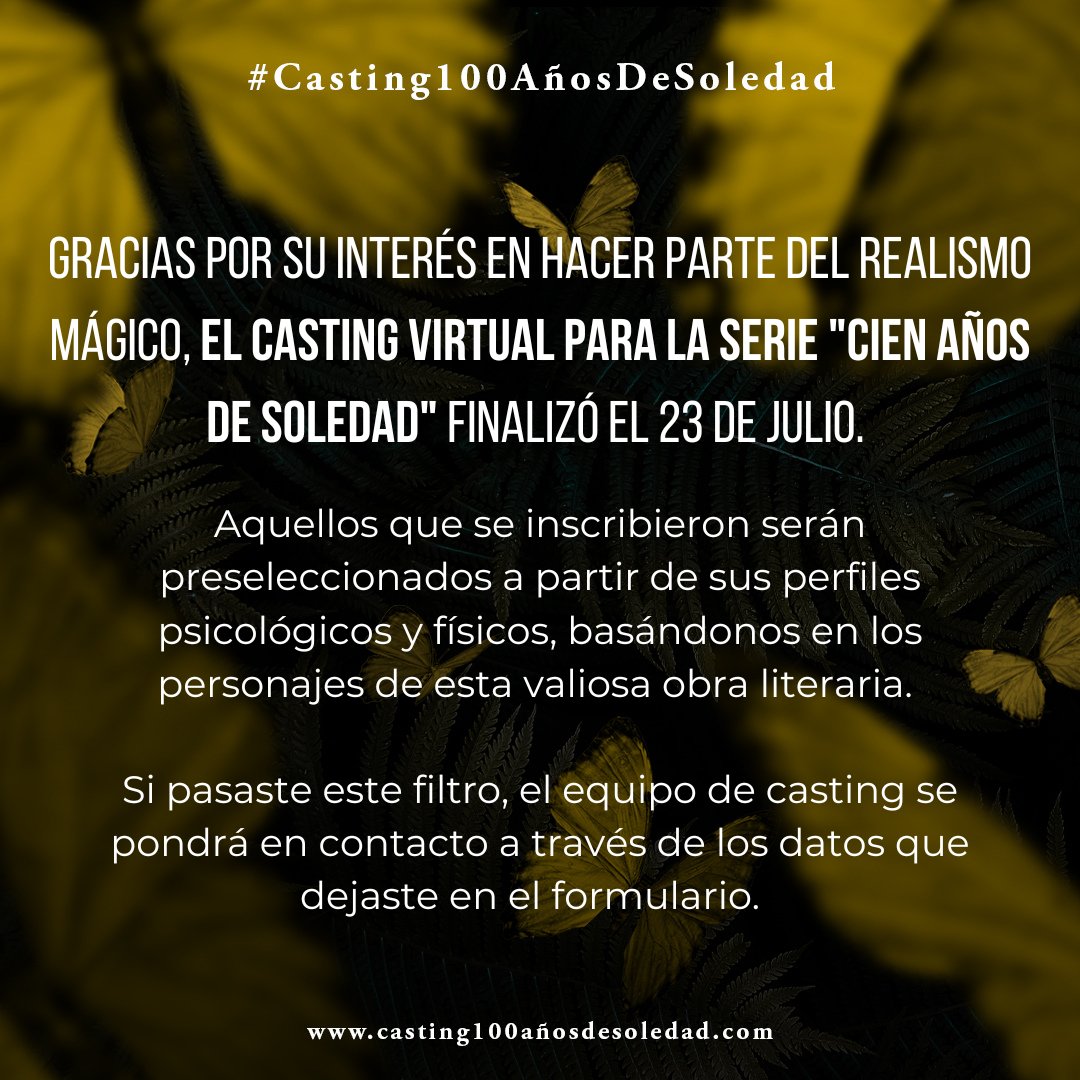 DynamoProd's tweet image. ¡Gracias a todos! Nos alegró mucho el volumen de solicitudes que recibimos para ser parte de la serie #CienAñosDeSoledad El equipo de casting se pondrá en contacto con los participantes que pasen a la siguiente etapa a través teléfono o correo electrónico.