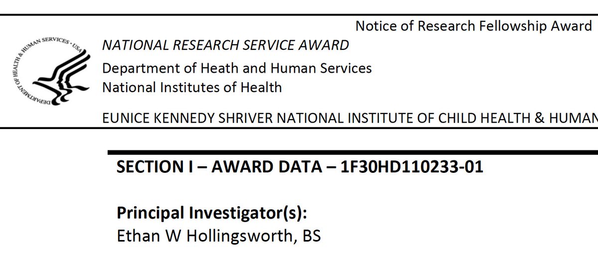 Extremely fortunate to have received an #F30 fellowship from @NICHD_NIH for my studies on how noncoding enhancer variants cause human disease. Grateful to my letter writers, twitterless co-mentor Dr. Ed Monuki, and most of all @evgenykvon