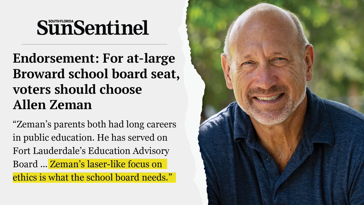 I am proud to have earned the <a href="/SunSentinel/">South Florida Sun Sentinel</a>'s thoughtful endorsement. They agree that change is needed on the Broward County School Board. The current culture on the school board is unacceptable and lacks transparency and ethical standards — Broward's students deserve better.