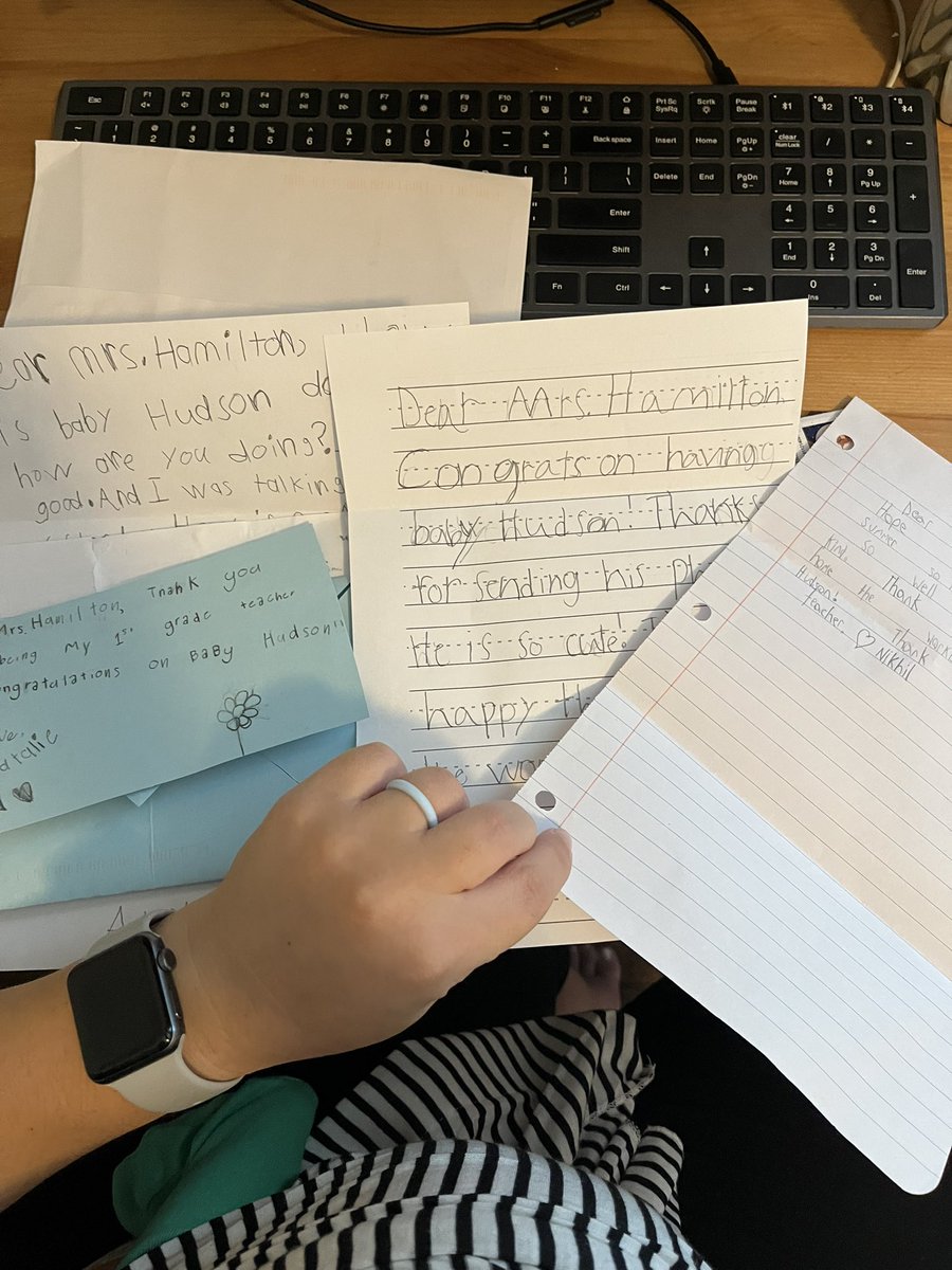 Mrs_Hamilton1st's tweet photo. Writing back to all my pen pals while Huddy snoozes! 😴#writingforfun #summerpractice #firstgradefun @WindsorFarmES https://t.co/YPM3mb3cYz