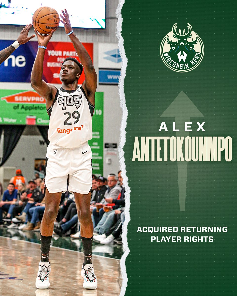 WisconsinHerd's tweet photo. The Wisconsin Herd has acquired the returning player rights to Alex Antetokounmpo and a second-round pick in the 2023 NBA G League Draft from the Raptors 905 in exchange for the returning player rights of Jalen Lecque.

📰: https://t.co/9p8oeKe8at https://t.co/vIkhZUjPA5
