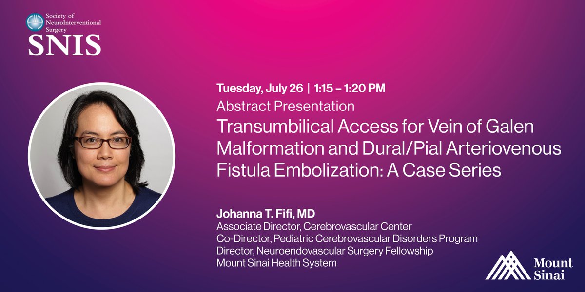 MountSinaiNeuro's tweet photo. Leading pediatric endovascular surgeon @johannatfifi, will present her abstract "Transumbilical Access for Vein of Galen Malformation &amp; Dural/Pial Arteriovenous Fistula #Embolization: A Case Series" at #SNIS2022. #VOGM #VeinofGalen #AVF #dAVF @SNISinfo @MountSinaiNeuro #PedsNeuro https://t.co/2nCnf4QcnH
