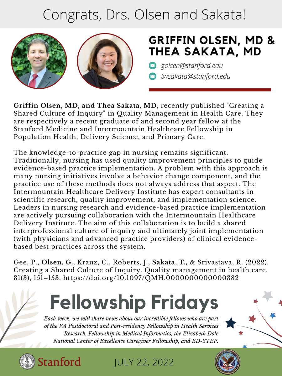 Congratulations, Dr. Griffin Olsen and Dr. Thea Sakata! <a href="/Ci2iVA/">Innovate2Implement</a> <a href="/StanfordMed/">Stanford Medicine</a> <a href="/Intermountain/">Intermountain Health</a> <a href="/vahsrd/">VA HSR</a>