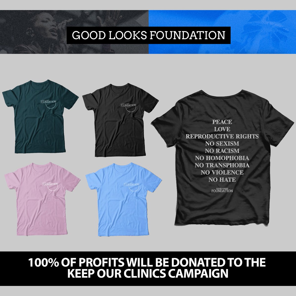 Our partners at <a href="/goodlookslife/">GL Collective</a> pledge to donate 100% of the profits from their Summer 2022 "Ethos" T shirts to the <a href="/KeepOurClinics/">KeepOurClinics</a> campaign which provides funding to independent clinics to cover tangible expenses like security, legal fees, and advocacy.

LIVE: Thursday at 2pm EST