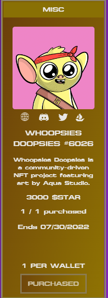 Felt sick all day so I did a little <a href="/SpaceRiders_NFT/">Space Riders</a> $STAR Shopping! Outright bought this <a href="/WDoopsies/">Whoopsies</a> in the Shop for 3,000 $STAR!
Free NFTs just for being a holder, yes please.

Reminder: Each Space Rider *emits* 10 $STAR Token per day. NO STAKING REQUIRED. Stack those riders!☄️