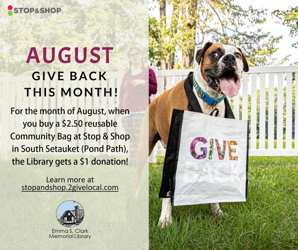Escml's tweet photo. This month, when you purchase a reusable Community Bag at the Stop &amp; Shop on Pond Path in South Setauket, the Library will receive a $1 donation! 💚

#August #ReusableBags #GiveBack #SupportYourCommunity #SupportTheEnvironment #ThreeVillage #EmmaClarkLibrary @StopandShop https://t.co/G94N0C9Miy